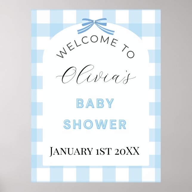 Blaue Gingham-Baby-Shower-Willkommensschild Poster (Vorne)