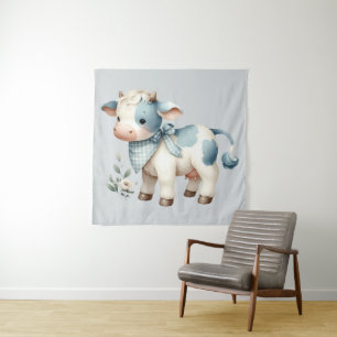 Blaue Gingham-Babykuh Pastell-Farm-Ästhetik Wandteppich