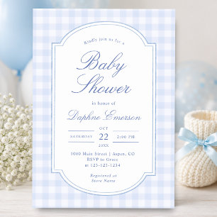 Blaue Gingham-Babyparty Einladung