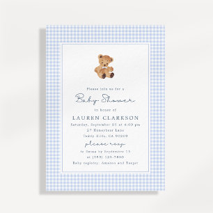 Blaue Gingham-Bär-Baby-Party-Einladung Ankündigung