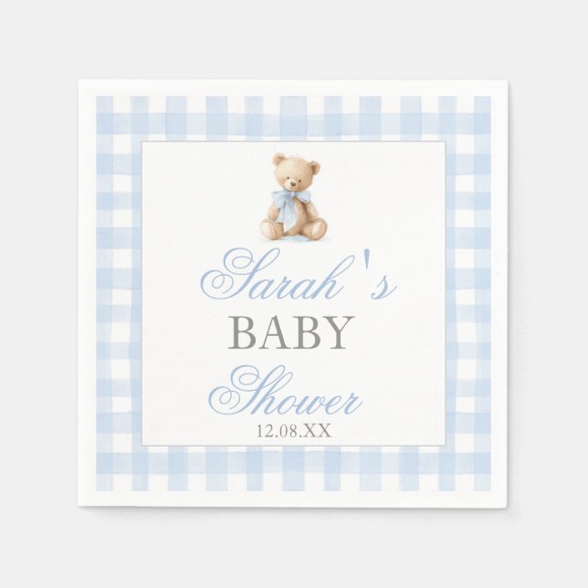 Blaue Gingham-Bär-Baby-Party Serviette (Vorderseite)