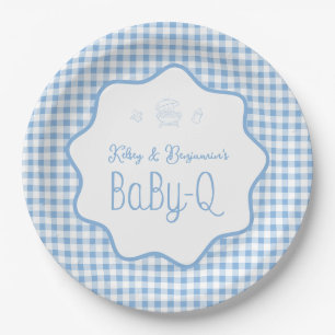 Blaue Gingham-Barbecue-Boy-Baby-Q-Baby-Party Pappteller