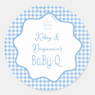 Blaue Gingham-Barbecue-Boy-BBQ-Baby-Q-Baby-Party  Runder Aufkleber