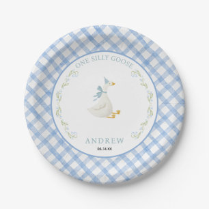 Blaue Gingham-Blumen Ein verrückter Gans 1. Geburt Pappteller
