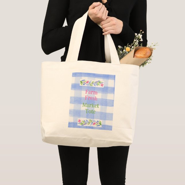 Blaue Gingham-Blumen FARM FRESH Jumbo Stoffbeutel (Vorderseite (Produkt))