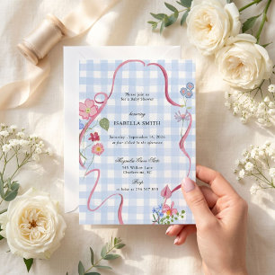 Blaue Gingham-Blumenband-Baby-Party Einladung