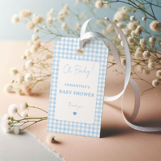 Blaue Gingham Boho Aquarell Jungen-Baby-Party Geschenkanhänger