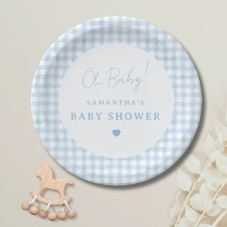 Blaue Gingham Boho Aquarell Jungen-Baby-Party Pappteller