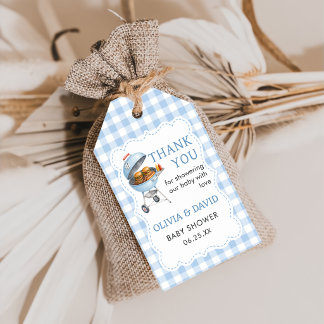 Blaue Gingham-Burger-BBQ-Baby-Shower-Geschenkkarte Geschenkanhänger