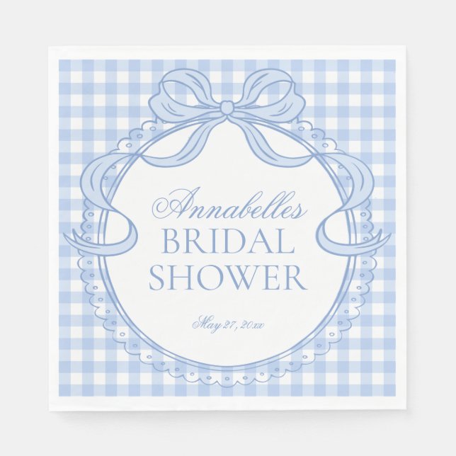 Blaue Gingham Coquette Bogen Brautparty-Dessert Serviette (Vorderseite)