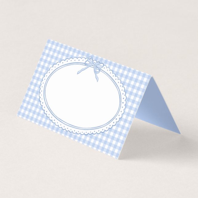 Blaue Gingham Coquette-Bow-Platzkartendekoration f (Vorderseite)
