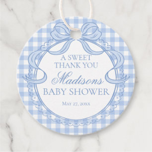 Blaue Gingham Coquette Schleife Baby Shower Kreis Geschenkanhänger