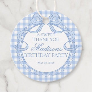 Blaue Gingham Coquette Schleife Geburtstagsfeier K Geschenkanhänger