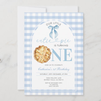 Blaue Gingham Cutie Pie Erstgeburtstagseinladung Einladung