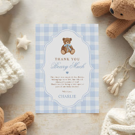 Blaue Gingham Elegante Teddybär-Baby-Party Dankeskarte