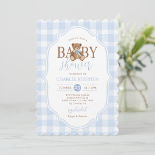 Blaue Gingham Elegante Teddybär-Baby-Party Einladung