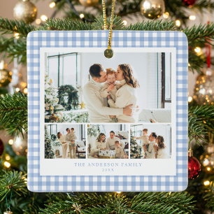 Blaue Gingham-Familienfotocollage Keramikornament