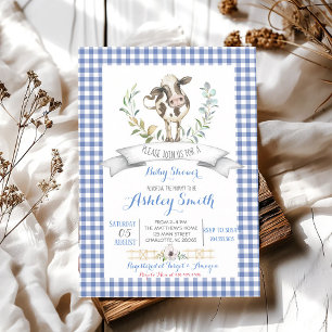 Blaue Gingham-Farm-Jungen-Baby-Party Einladung