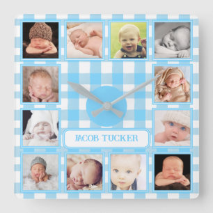 Blaue Gingham-Farmhaus-Jungen-Kinderzimmer mit 12  Quadratische Wanduhr