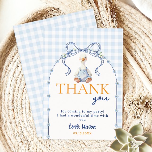 Blaue Gingham-Gans-Junge Erster Geburtstag Dankesc Dankeskarte (Von Creator hochgeladen)
