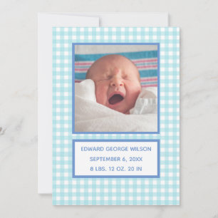 Blaue Gingham-Geburtsanzeige Karte