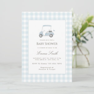 Blaue Gingham-Golfwagen-Baby-Shower-Einladung Einladung
