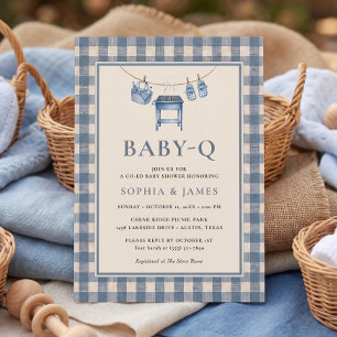 Blaue Gingham-Grill-Wäscheleine-Baby-Party Einladung