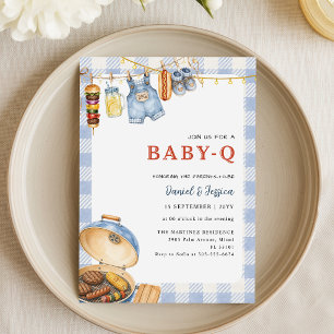 Blaue Gingham-Hinterhof-Baby-Q-Baby-Party Einladung