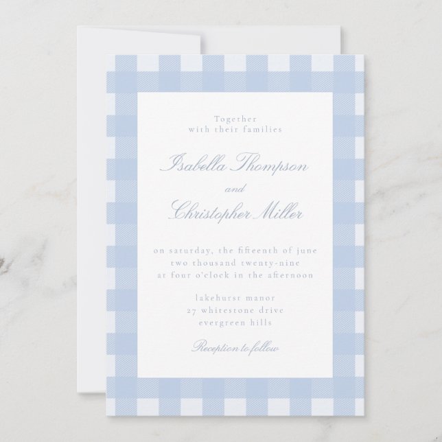 Blaue Gingham-Hochzeitseinladung Einladung (Vorderseite)