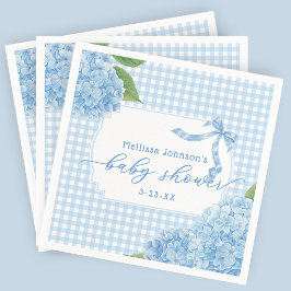 Blaue Gingham-Hortensien-Baby- Boy-Shower Serviette