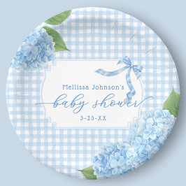 Blaue Gingham Hortensien Jungen Baby Shower Pappteller