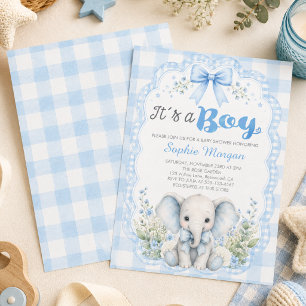 Blaue Gingham It's A Boy Elefant Baby Shower Einladung