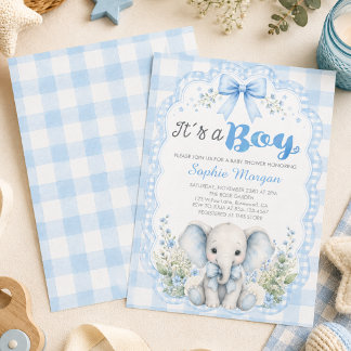 Blaue Gingham It's A Boy Elefant Baby Shower Einladung