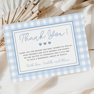 Blaue Gingham-Jungen-Baby-Party-Dankeskarten Einladung