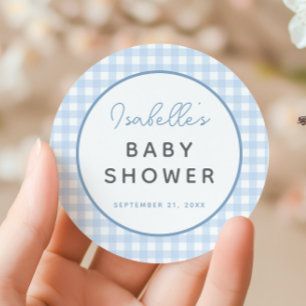 Blaue Gingham-Jungen-Baby-Party Runder Aufkleber