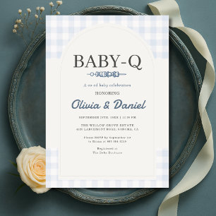 Blaue Gingham-Karierte BBQ Baby-Q Babyparty  Einladung
