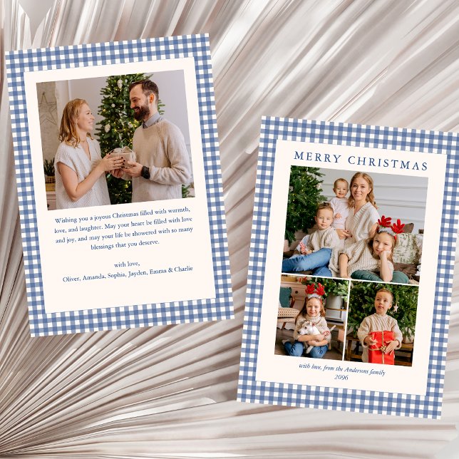 Blaue Gingham Karo 4 Foto Frohe Weihnachten (Von Creator hochgeladen)