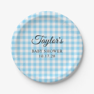 Blaue Gingham-Karo-Babyparty Pappteller