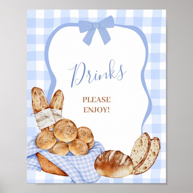 Blaue Gingham-Karo-Brötchen-Getränke-Party-Schild Poster (Vorne)