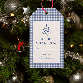 Blaue Gingham Karo Frohe Weihnachten Geschenkanhän Geschenkanhänger