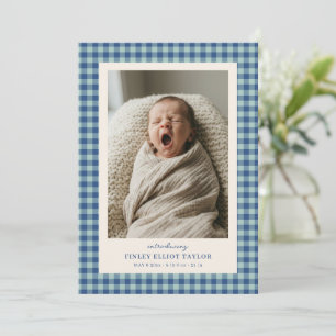 Blaue Gingham-Karo-Neugeborenen-Foto Baby Junge Ge Ankündigung