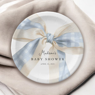 Blaue Gingham-Karo-Schleife Baby Shower Pappteller