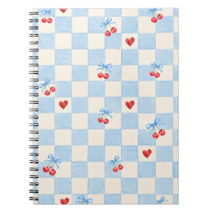 Blaue Gingham-Kirschmuster mit rosa Herzen – Gesch Notizblock