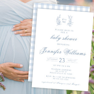 Blaue Gingham-Klassiker-Baby-Junge-Einladung zur B Einladung