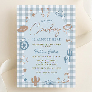 Blaue Gingham-Kleiner-Cowboy-Western-Baby-Party Einladung