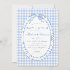 Blaue Gingham-Kokette-Bogen-Baby-Party Einladung