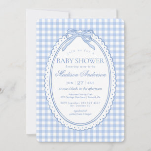 Blaue Gingham-Kokette-Bogen-Baby-Party Einladung