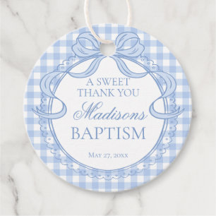 Blaue Gingham-Kokette-Bogen-Taufe-Kreis Geschenkanhänger