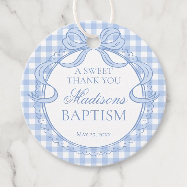 Blaue Gingham-Kokette-Bogen-Taufe-Kreis Geschenkanhänger (Vorderseite)