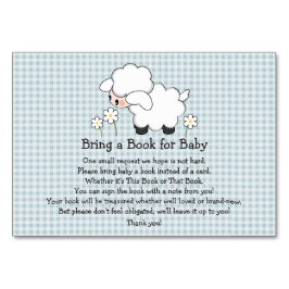 BLAUE GINGHAM LAMB BABY SHOWER BUCHFRAGEKARTE TISCHNUMMER